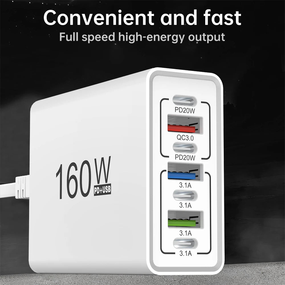 160W 7 Ports USB Charger USB Type C Wall Charger Adapter For Xiaomi