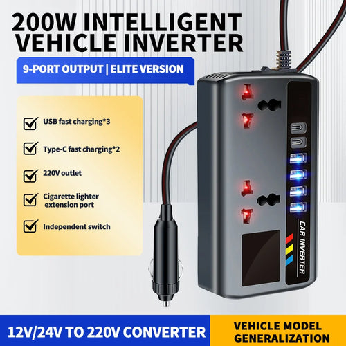 DC 12V/24V to AC 220V 200W Car Inverter PD+QC3.0 Dual Type C+4 USB