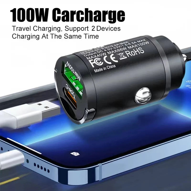 100W Mini Car Charger QC3.0 PD USB Type C Fast Charging For iPhone