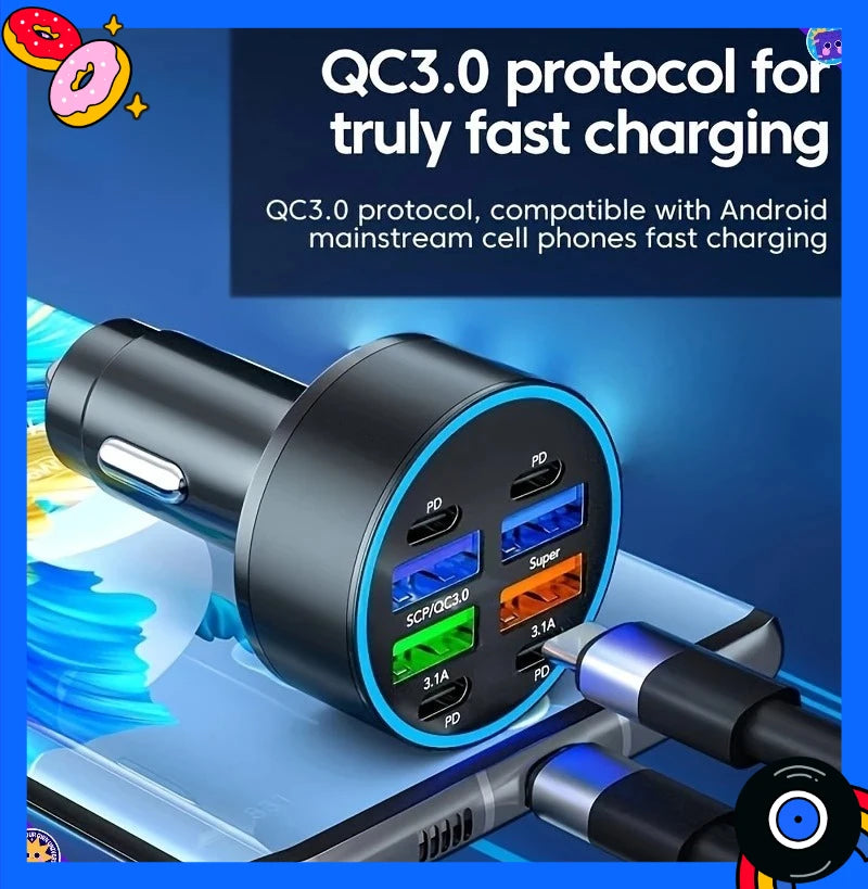 8-In-1 car mobile phone charger with QC3.0 fast charging PD+USB dual