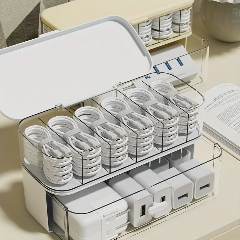 Double-Layer Transparent Desktop Cable Organizer Box - Compact Cord &