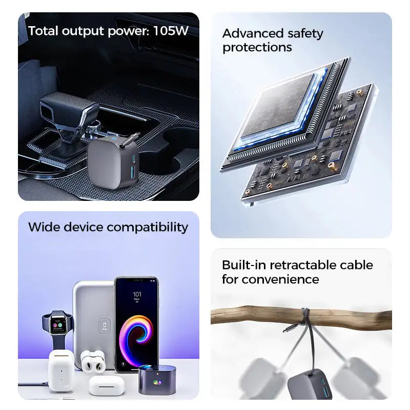 Car Charger 105W PD Fast Charging With 70cm Retractable Data Cable