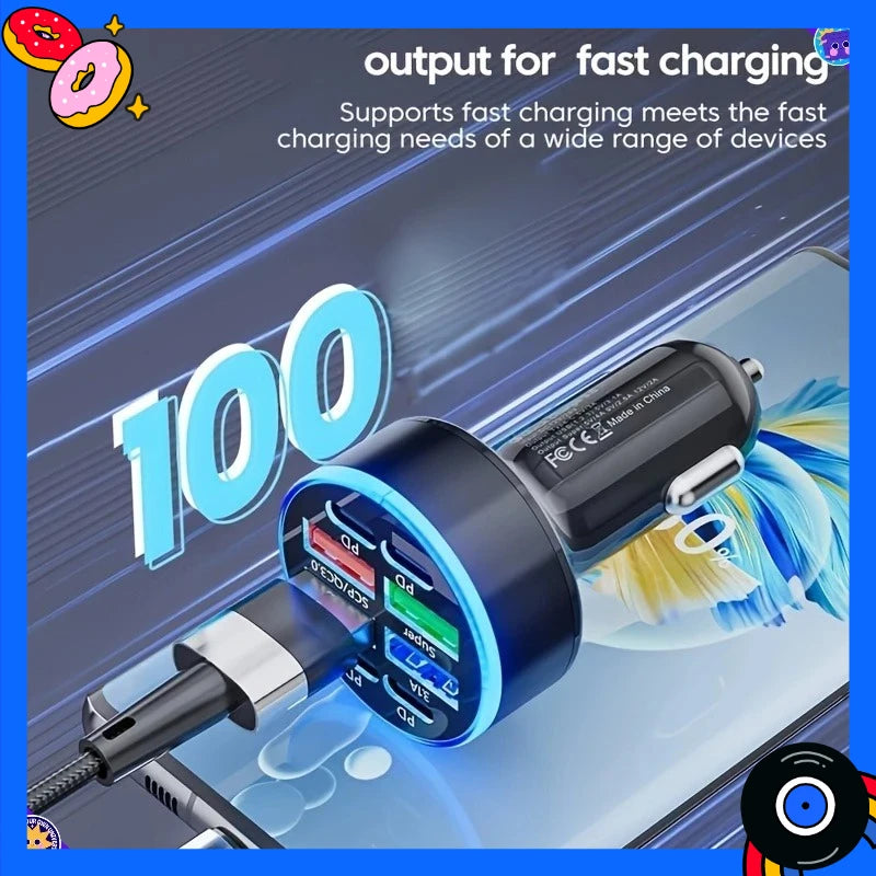 8-In-1 car mobile phone charger with QC3.0 fast charging PD+USB dual