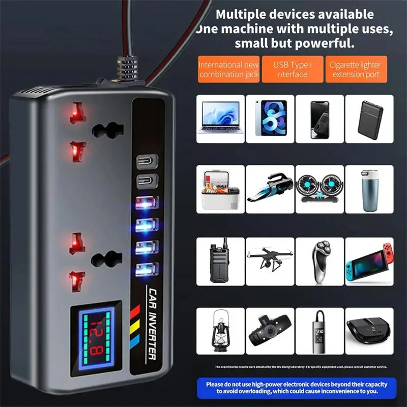 DC 12V/24V to AC 220V 200W Car Inverter PD+QC3.0 Dual Type C+4 USB