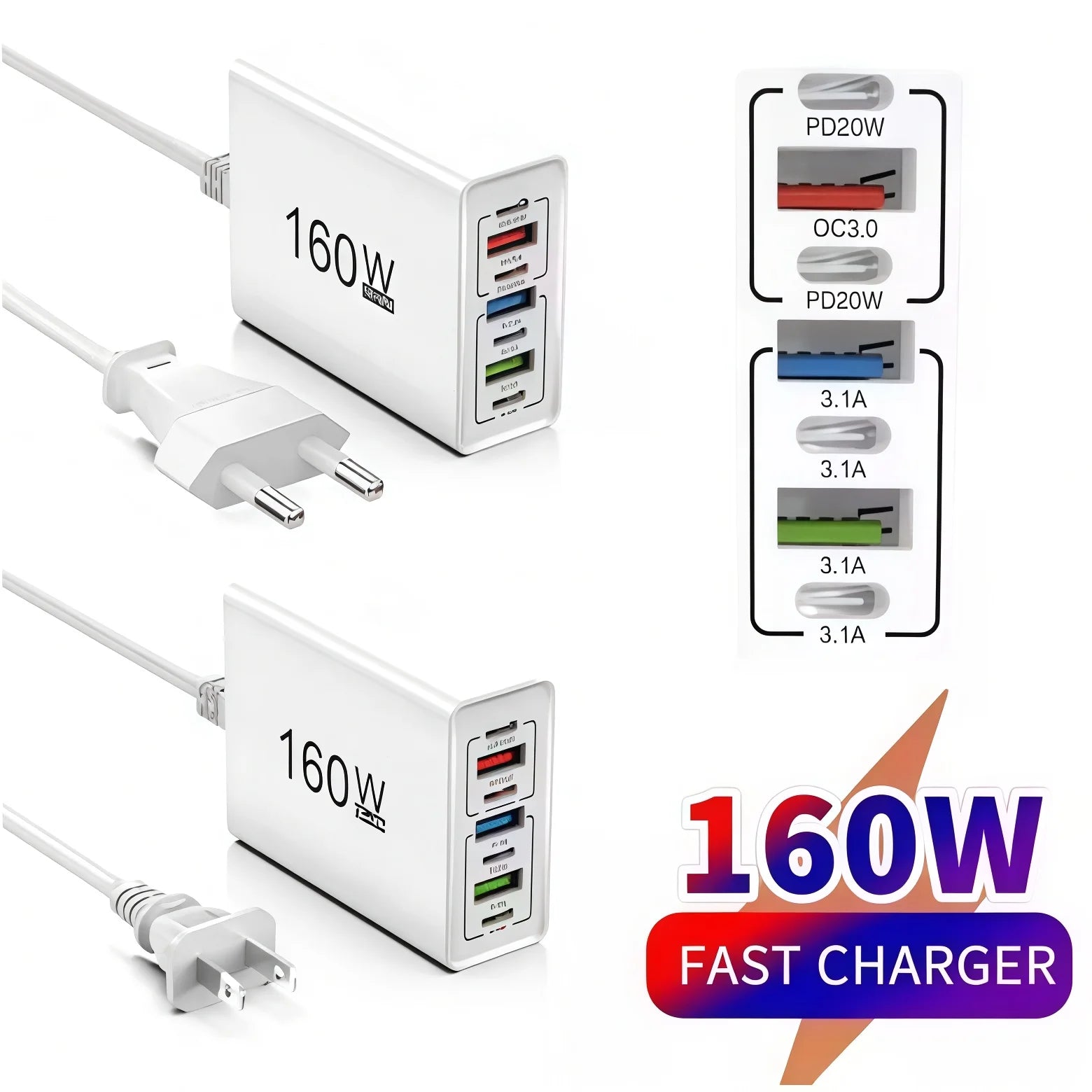 160W 7 Ports USB Charger USB Type C Wall Charger Adapter For Xiaomi