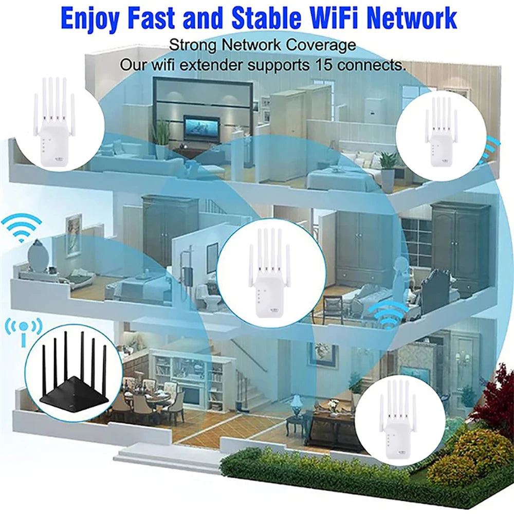 Kebidumei 1200Mbps WiFi Repeater 2.4G 5G Amplifier Home Office Network