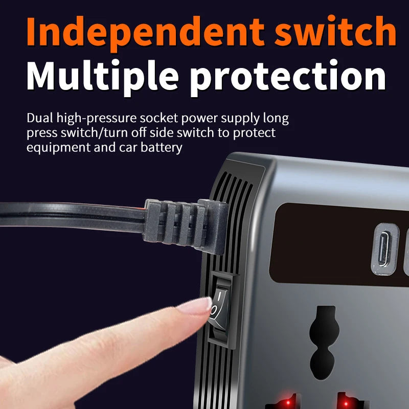 DC 12V/24V to AC 220V 200W Car Inverter PD+QC3.0 Dual Type C+4 USB