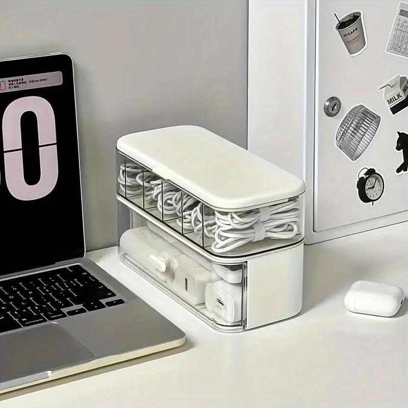 Double-Layer Transparent Desktop Cable Organizer Box - Compact Cord &
