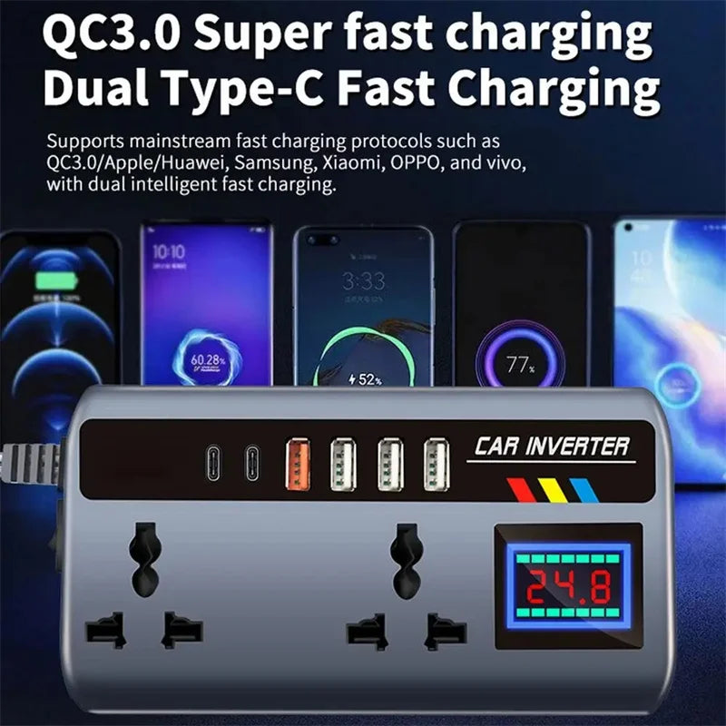 DC 12V/24V to AC 220V 200W Car Inverter PD+QC3.0 Dual Type C+4 USB