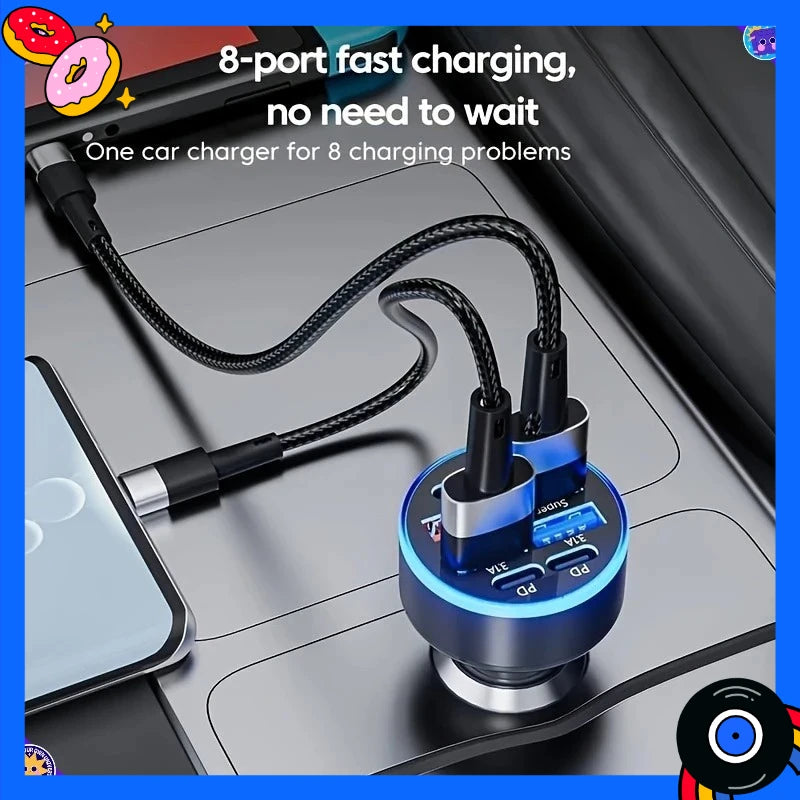 8-In-1 car mobile phone charger with QC3.0 fast charging PD+USB dual