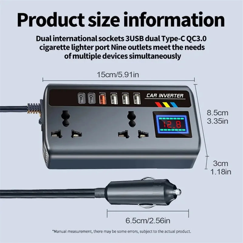 DC 12V/24V to AC 220V 200W Car Inverter PD+QC3.0 Dual Type C+4 USB