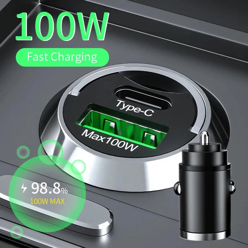 100W Mini Car Charger QC3.0 PD USB Type C Fast Charging For iPhone