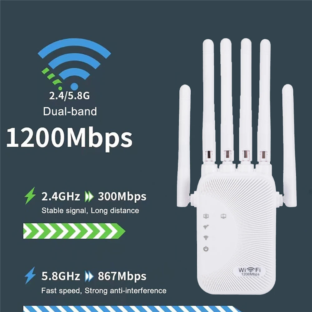 Kebidumei 1200Mbps WiFi Repeater 2.4G 5G Amplifier Home Office Network