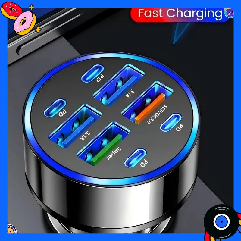 8-In-1 car mobile phone charger with QC3.0 fast charging PD+USB dual