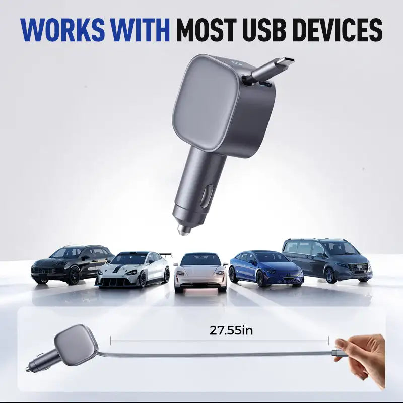 Car Charger 105W PD Fast Charging With 70cm Retractable Data Cable
