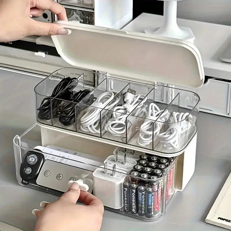Double-Layer Transparent Desktop Cable Organizer Box - Compact Cord &