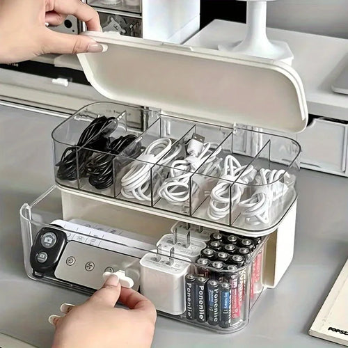 Double-Layer Transparent Desktop Cable Organizer Box - Compact Cord &