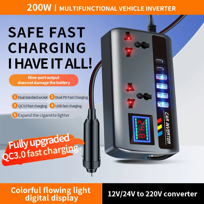 DC 12V/24V to AC 220V 200W Car Inverter PD+QC3.0 Dual Type C+4 USB