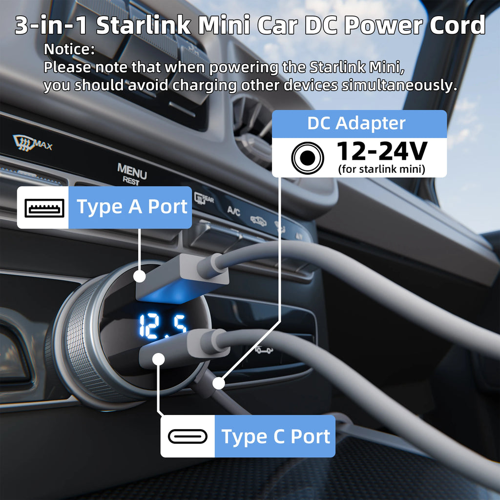 Starlink Mini Cigarette Lighter Adapter USB C 3 in 1 Starlink Mini