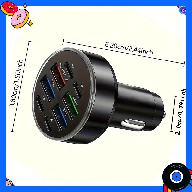 8-In-1 car mobile phone charger with QC3.0 fast charging PD+USB dual