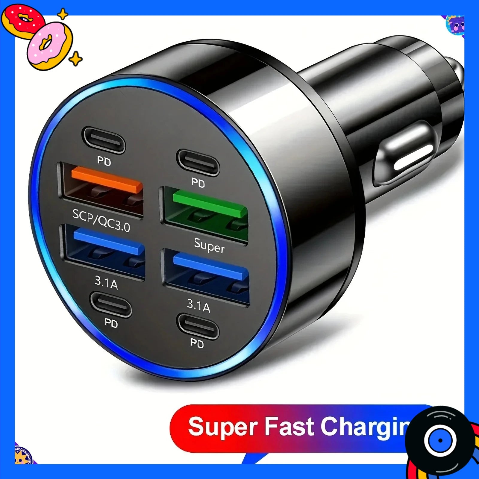 8-In-1 car mobile phone charger with QC3.0 fast charging PD+USB dual